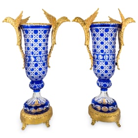 Pair of Benito Cut Crystal & Gilt Bronze Cobalt Overlay Crystal Vases