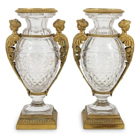Pair of Probably Baccarat Bronze Mounted Urns