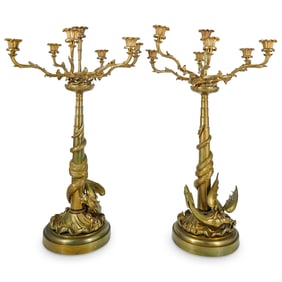 Pair Antique Bronze Wyvern Candelabra