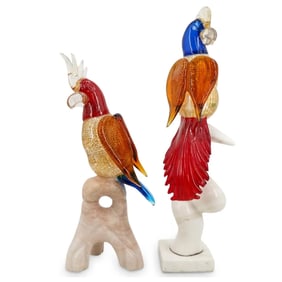 Pair of Oggetti Murano Glass & Alabaster Parrot Sculptures