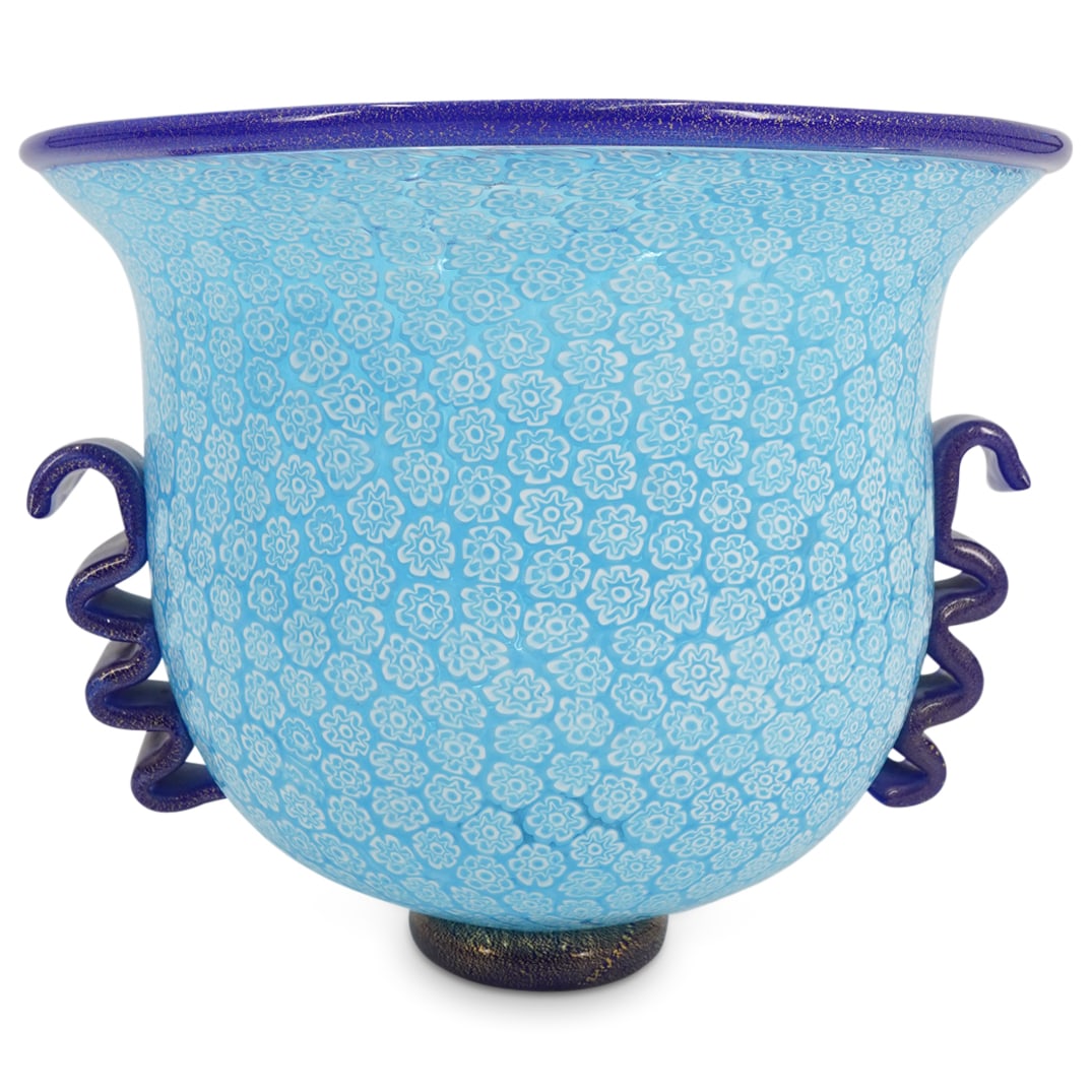 Gambaro Poggi Murano Glass Millefiori Centerpiece Bowl: DESCRIPTION: An Italian Murano Gambaro Poggi glass centerpiece bowl with blue and white millefiori design and zigzag applied handles. Stickered: "Made In Murano Italy". CIRCA: Mid-Late 20th Century OR