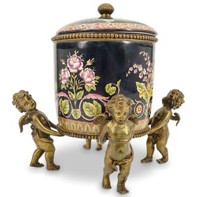 Vintage Wong Lee Chinese Porcelain & Bronze Putti Cherub Lidded Jar
