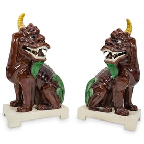 Pair Large Chinese Porcelain Guardian Lion Figures on Karl Springer Stands
