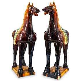 Pair Of Vintage Chinese Tang Style Ceramic Four Tone Horses