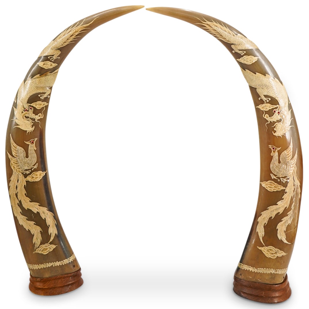 Pair Of Antique Chinese Carved Dragon And Fenghuang Horns (1 of 5)