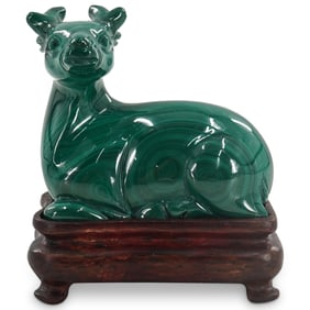 Antique Chinese Carved Malachite Deer On Wooden Stand