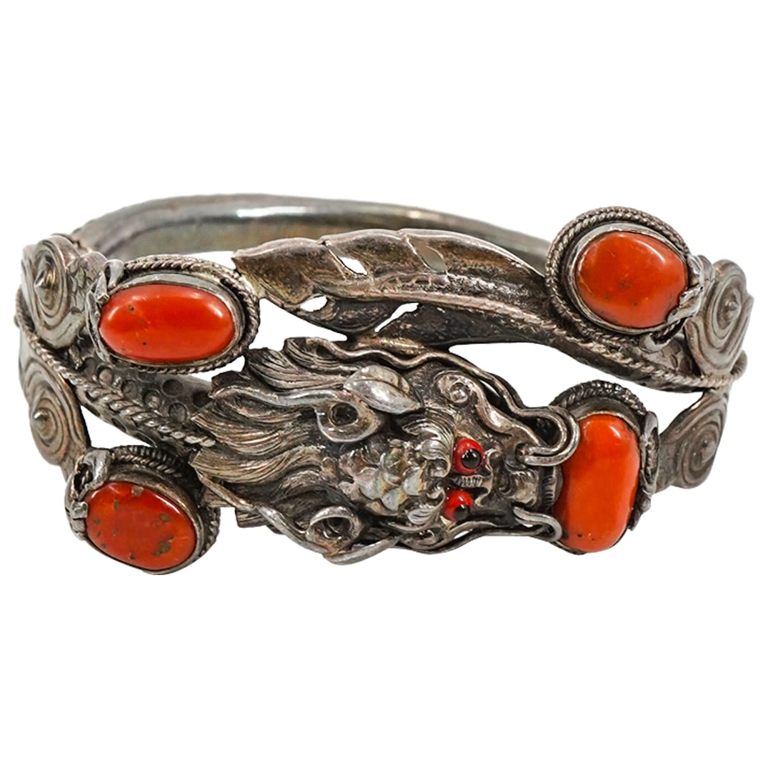 Antique Chinese Silver Dragon cuff with red coral insets. (1 of 3)