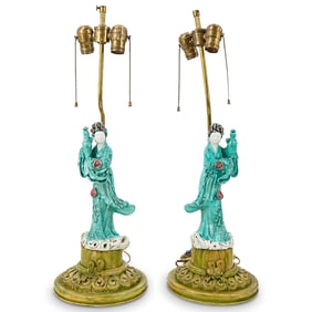 Pair Antique Chinese Porcelain Guanyin Lamps