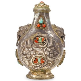 Antique Mongolian Floral Silver, Coral, & Turquoise Snuff Bottle