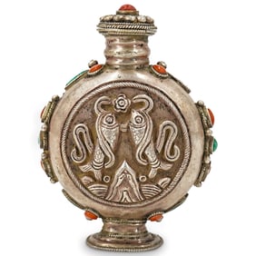 Antique Mongolian Double Fish Silver, Coral, & Turquoise Snuff Bottle