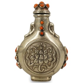 Antique Mongolian Lotus Silver & Coral Snuff Bottle