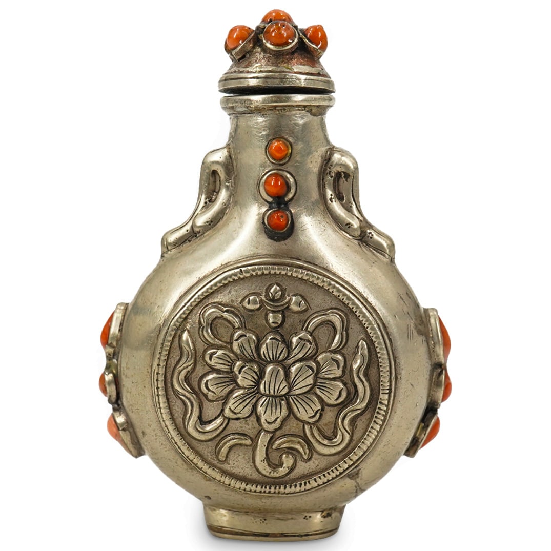 Antique Mongolian Lotus Silver & Coral Snuff Bottle (1 of 6)