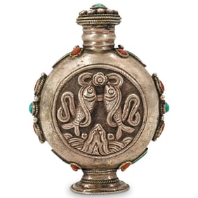 Antique Mongolian Double Fish Silver, Coral, & Turquoise Snuff Bottle