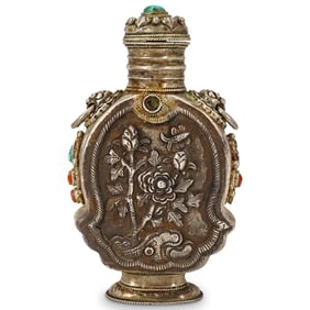 Antique Mongolian Flower & Butterfly Silver, Coral, & Turquoise Snuff Bottle