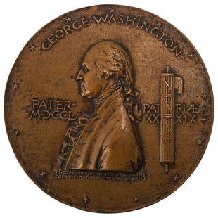 1889 Augustus Saint Gaudens Washington Inaugural Centennial Medal: DESCRIPTION: 1889 bronze medal by Augustus Saint-Gaudens and Philip Martiny commemorating the centennial of George Washington's first inauguration as president, the obverse featuring a relief profile