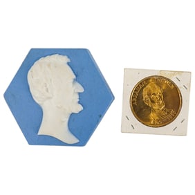 (2 Pc) Abraham Lincoln Jasperware Tile & Gold Plated Medal