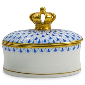 Herend Porcelain Blue Fishnet Oval Lidded Box