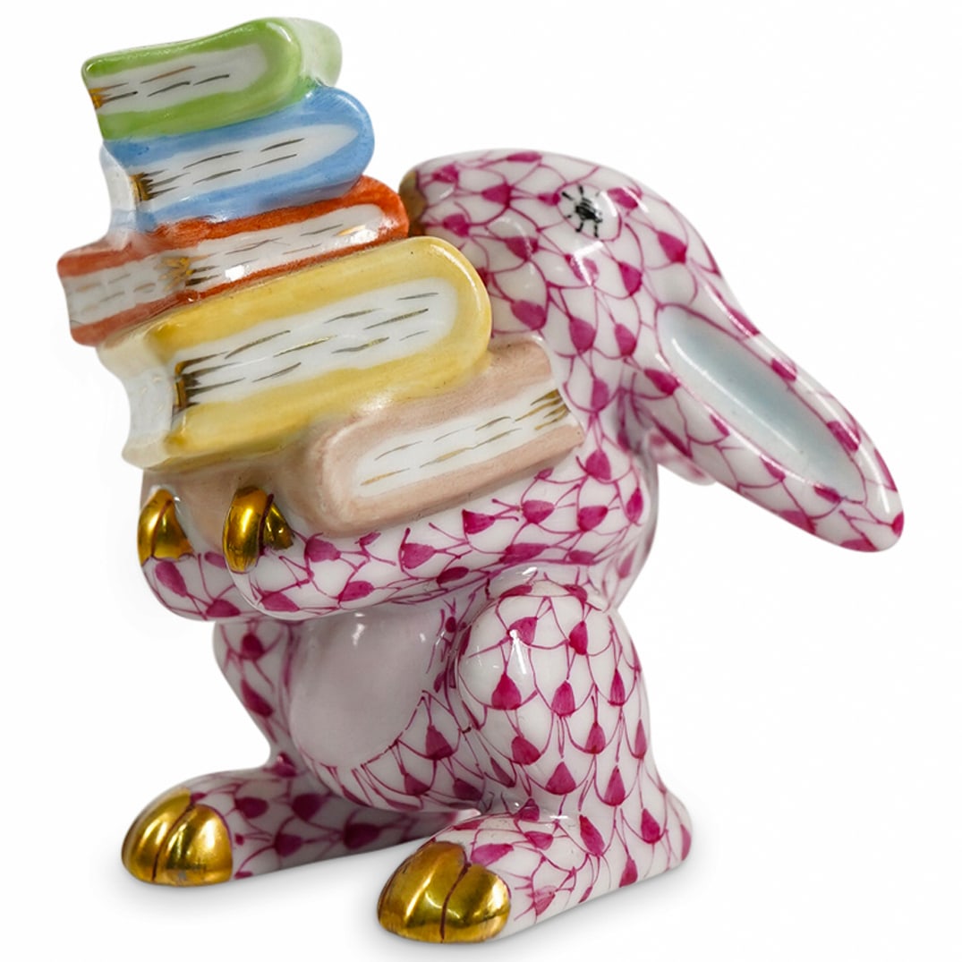 Herend Porcelain "Scholarly Bunny" Raspberry Fishnet Figurine (1 of 4)