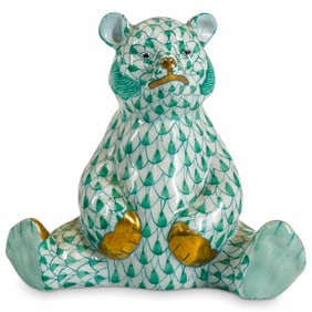 Herend Porcelain "Baby Bear Sitting" Green Fishnet Figurine