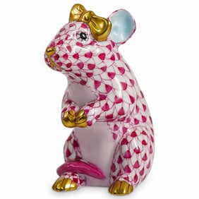 Herend Porcelain "Herend Mouse with Bow" Raspberry Fishnet Figurine