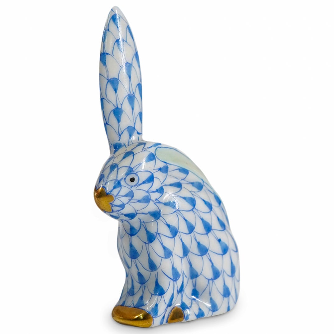 Herend Porcelain "Miniature Rabbit-One Ear Up" Blue Fishnet Figurine (1 of 4)