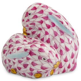 Herend Porcelain "Pair Of Rabbits" Raspberry Fishnet Figurine
