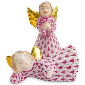 (2 Pc) Pair Of Herend Porcelain Raspberry Fishnet Figurines