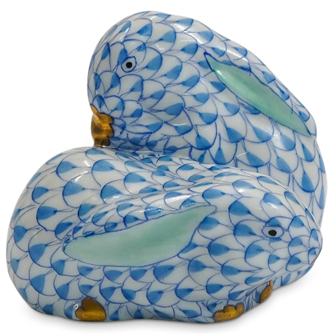 Herend Porcelain "Pair Of Rabbits" Blue Fishnet Figurine (1 of 3)