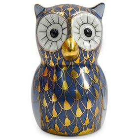 Herend Porcelain "The Professor" Owl Cobalt Blue / Gold Fishnet Figurine