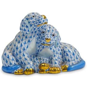 Herend Porcelain 2007 Anniversary "Two Puppies" Blue Fishnet Figurine
