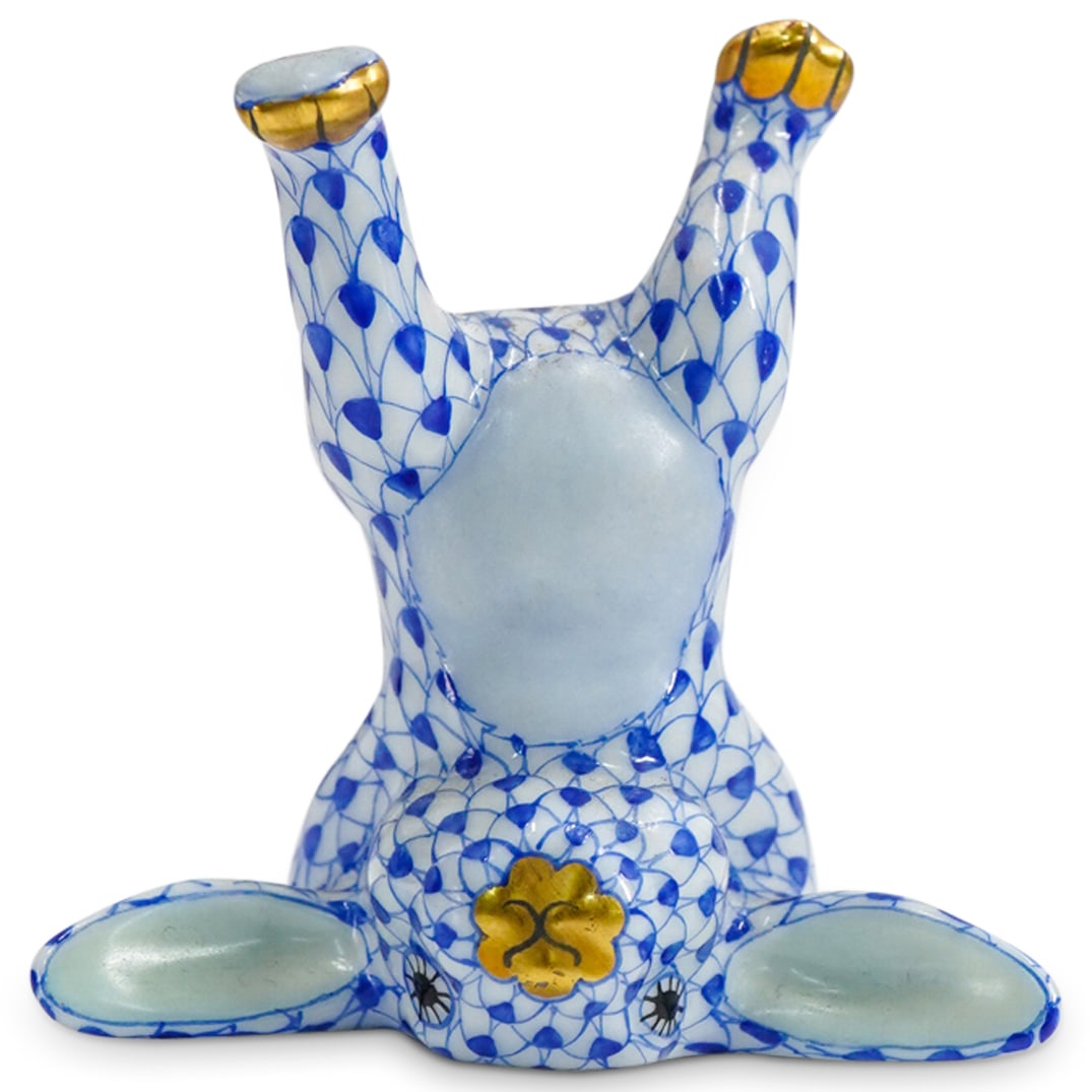 Herend Porcelain "Handstand Bunny" Blue Fishnet Figurine: DESCRIPTION: Herend porcelain "Handstand Bunny" figurine in a blue hued fishnet pattern. Finished with gilded accents. Style: #16009. Marked along the underside with Herend stamps. CIRCA: 20th Century