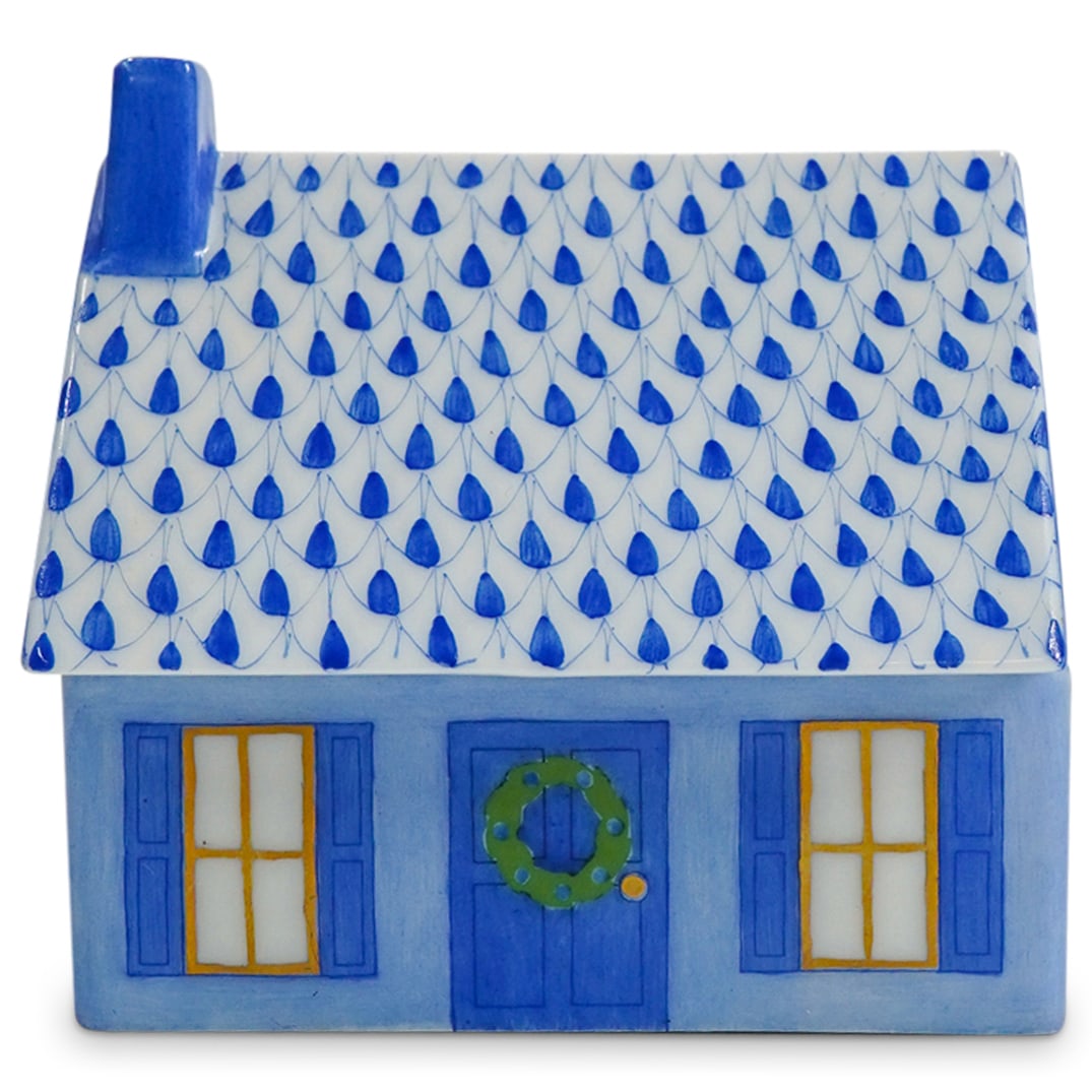 Herend Porcelain "Home Sweet Home" Lidded Box: DESCRIPTION: Herend porcelain "Home Sweet Home" lidded box, embellished in a blue hued fishnet pattern. Finished with gilded accents. Style: #6093 . Marked along the underside with Herend stamps. CIRC