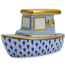 Herend Porcelain "Tug Boat" Blue Fishnet Figurine