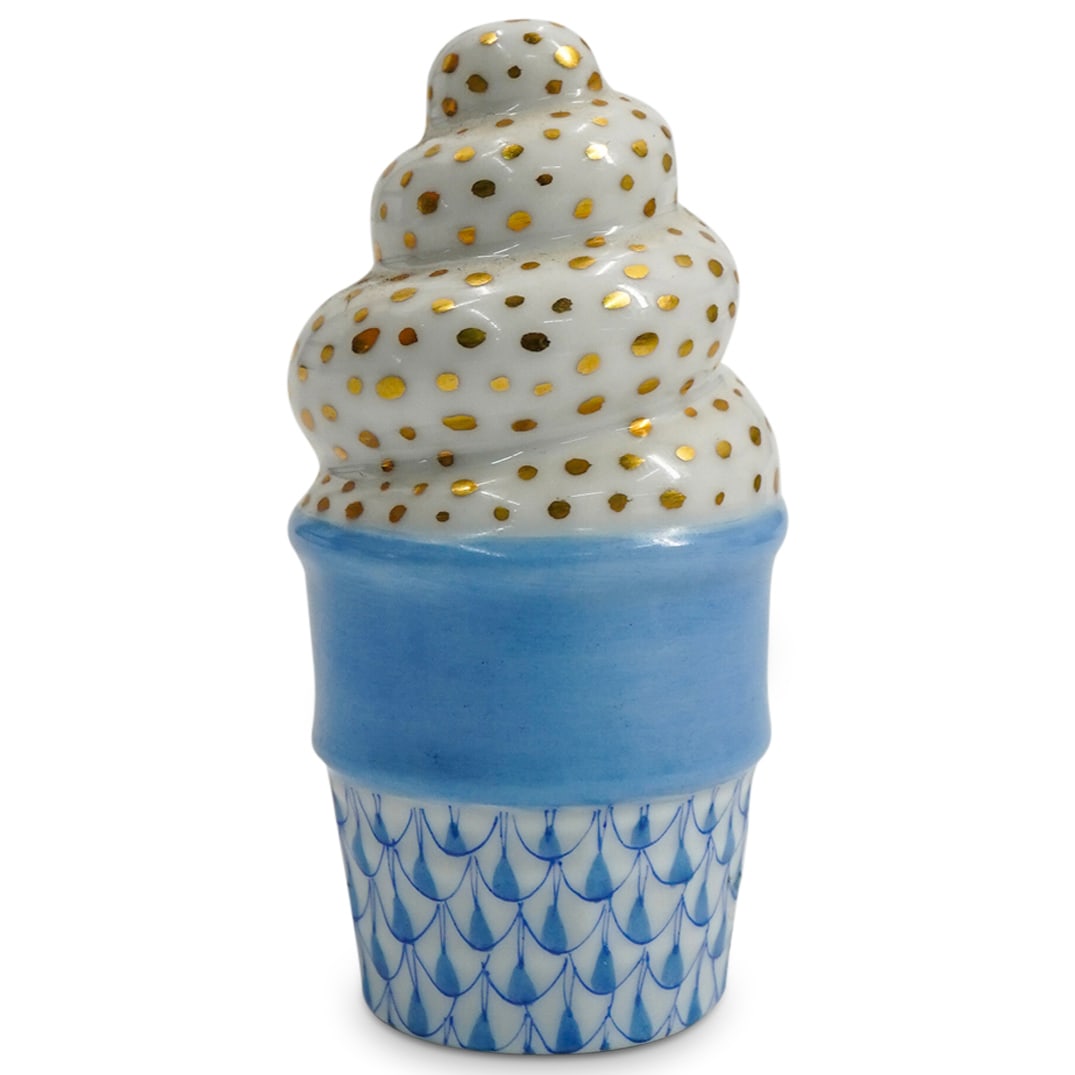Herend Porcelain "Ice Cream Cone" Blue Fishnet Figurine (1 of 2)