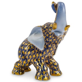 Herend Porcelain "Joyful Elephant" Cobalt Blue / Gold Fishnet Figurine