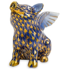 Herend Porcelain "When Pigs Fly" Cobalt Blue / Gold Fishnet Figurine