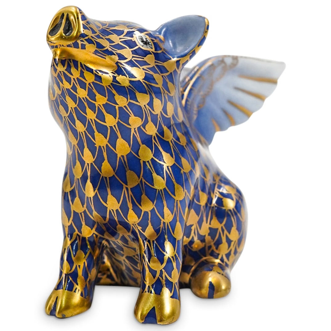 Herend Porcelain "When Pigs Fly" Cobalt Blue / Gold Fishnet Figurine: DESCRIPTION: Herend porcelain "When Pigs Fly" figurine embellished in a cobalt blue and gold fishnet pattern. Finished with gilded accents. Style: #15299. Marked along the underside with Herend stamps