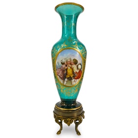 Moser Glass Vase W/ Enamel Figural Scene On Bronze Stand
