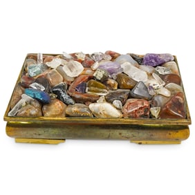 Semi-Precious Stones Lidded Brass Hinged Treasure Box