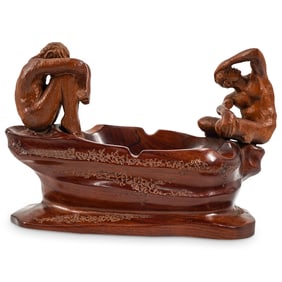 Signed Hand Carved Wooden Double Nude Sculpture Ashtray