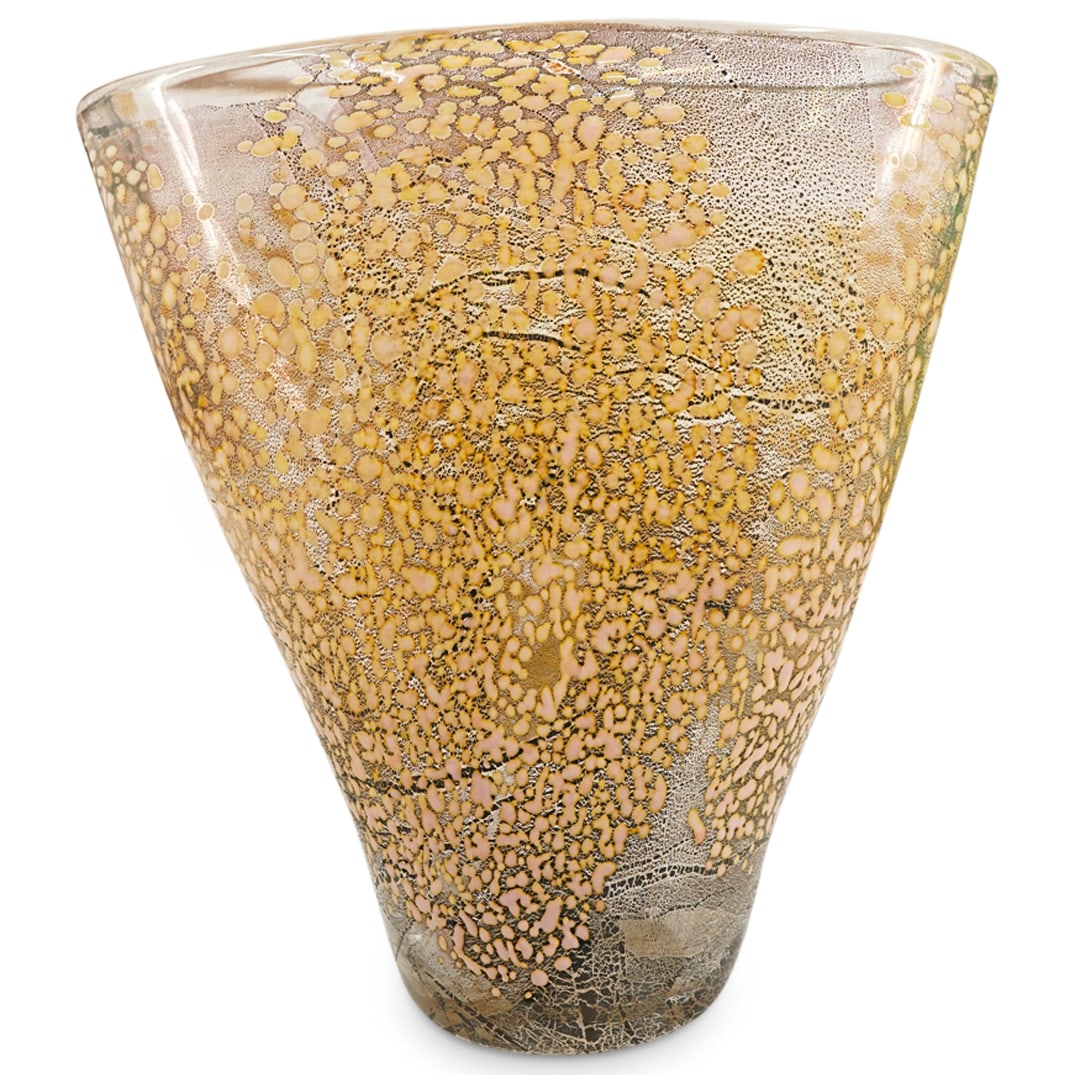 Handmade Glass Workshop Art Glass Vase, Signed: DESCRIPTION: Signed art glass vase crafted by a member of The Handmade Art Glass Workshop with a textured body accented with iridescent and gilt spots throughout. Signed around foot. CIRCA: 1997 ORIGI