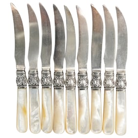 (9 Pc) Antique Sterling, MOP & Stainless Steel Knives