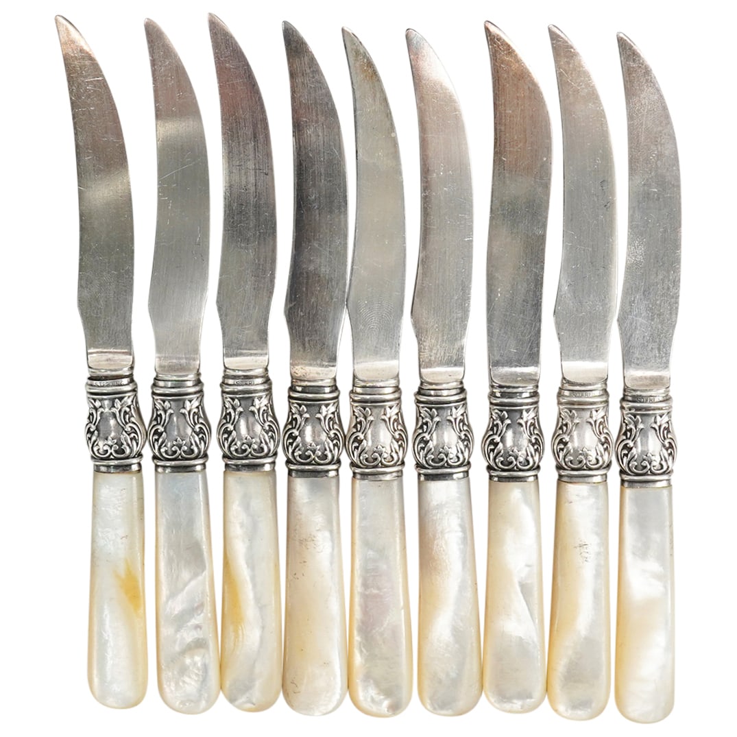 (9 Pc) Antique Sterling, MOP & Stainless Steel Knives (1 of 3)