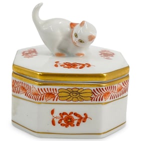 Herend Porcelain "Chinese Bouquet Rust" Trinket Box W/ Cat Lid