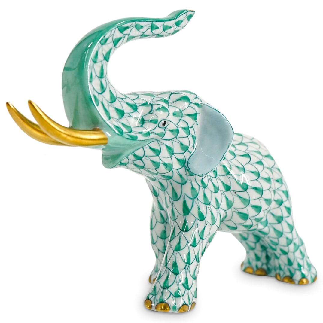 Herend Porcelain "Elephant" Green Fishnet Figurine: DESCRIPTION: Herend porcelain figurine depicting an "Elephant" and featuring green fishnet pattern and gilded accents. Style number: #5266. Marked with Herend hallmark on the underside. CIRCA: Late 20