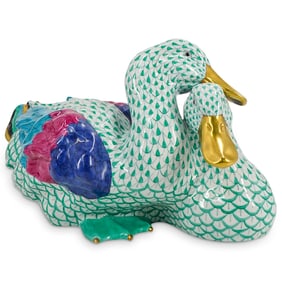 Large Herend Porcelain "Pair of Ducks" Green Fishnet Figurine