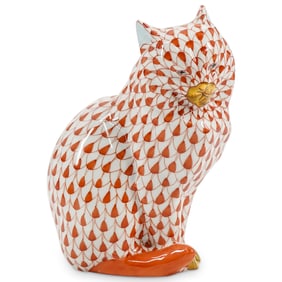 Herend Porcelain "Sitting Cat" Rust Fishnet Figurine