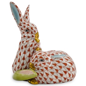 Herend Porcelain "Pair Of Rabbits W/ Corn" Rust Fishnet Figurine
