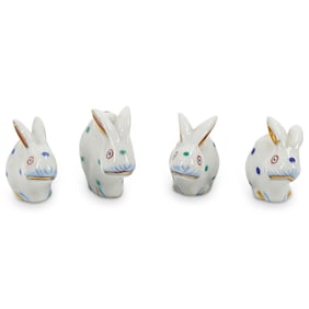 (4 Pc) Herend Hungary Porcelain Polka Dots Miniature Rabbit Figurines