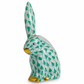 Herend Porcelain "Miniature Rabbit-One Ear Up" Green Fishnet Figurine